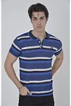 Erkek Polo Yaka Tişört Slim Fit Dokuma Çizgili T-shirt - Mavi