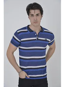 Erkek Polo Yaka Tişört Slim Fit Dokuma Çizgili T-shirt - Mavi