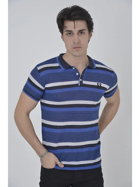 Erkek Polo Yaka Tişört Slim Fit Dokuma Çizgili T-shirt - Mavi
