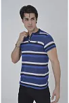 Erkek Polo Yaka Tişört Slim Fit Dokuma Çizgili T-shirt - Mavi