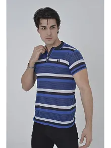 Erkek Polo Yaka Tişört Slim Fit Dokuma Çizgili T-shirt - Mavi