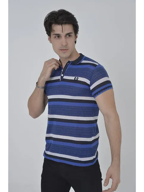 Erkek Polo Yaka Tişört Slim Fit Dokuma Çizgili T-shirt - Mavi