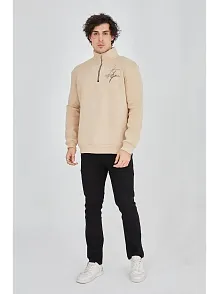 Erkek Yarım Fermuarlı Baskılı 3 İplik Pamuklu Sweatshirt - Bej