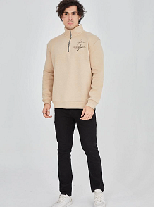 Erkek Yarım Fermuarlı Baskılı 3 İplik Pamuklu Sweatshirt - Bej