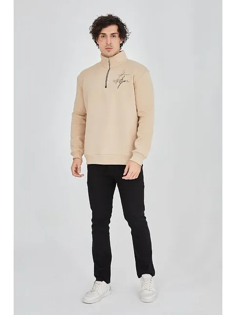 Erkek Yarım Fermuarlı Baskılı 3 İplik Pamuklu Sweatshirt - Bej