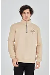 Erkek Yarım Fermuarlı Baskılı 3 İplik Pamuklu Sweatshirt - Bej