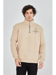 Erkek Yarım Fermuarlı Baskılı 3 İplik Pamuklu Sweatshirt - Bej