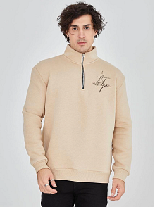 Erkek Yarım Fermuarlı Baskılı 3 İplik Pamuklu Sweatshirt - Bej