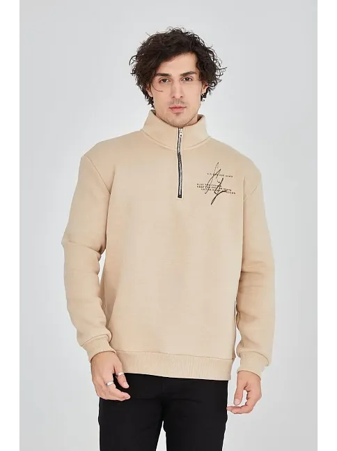 Erkek Yarım Fermuarlı Baskılı 3 İplik Pamuklu Sweatshirt - Bej