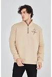 Erkek Yarım Fermuarlı Baskılı 3 İplik Pamuklu Sweatshirt - Bej