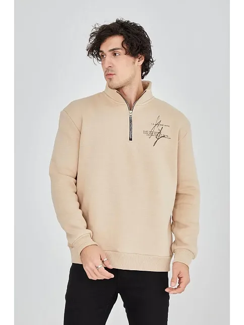 Erkek Yarım Fermuarlı Baskılı 3 İplik Pamuklu Sweatshirt - Bej