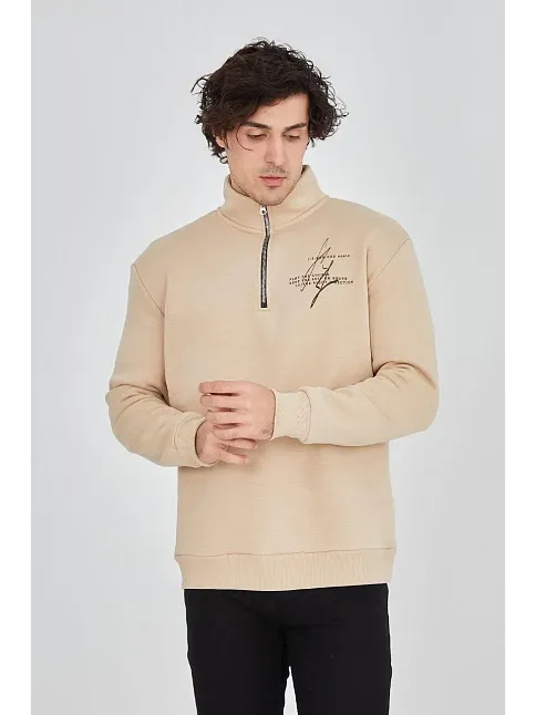 Erkek Yarım Fermuarlı Baskılı 3 İplik Pamuklu Sweatshirt - Bej