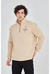 Erkek Yarım Fermuarlı Baskılı 3 İplik Pamuklu Sweatshirt - Bej