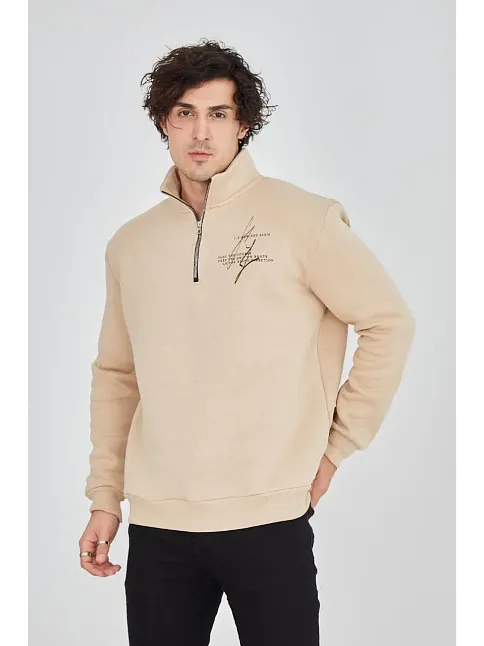 Erkek Yarım Fermuarlı Baskılı 3 İplik Pamuklu Sweatshirt - Bej