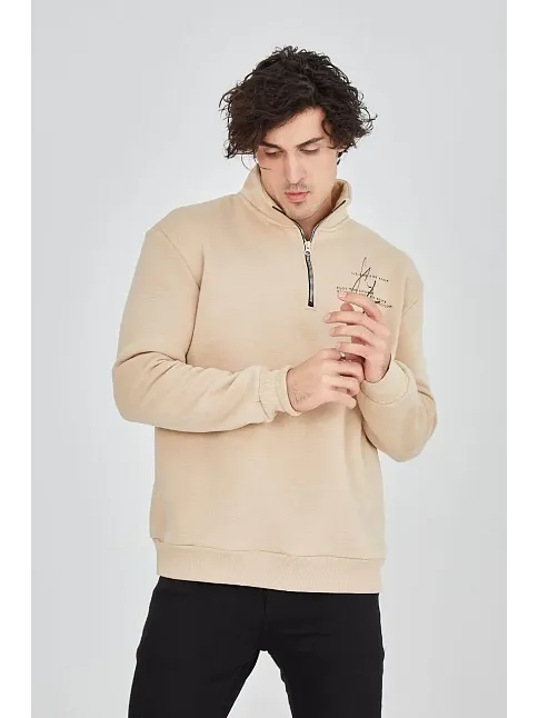 Erkek Yarım Fermuarlı Baskılı 3 İplik Pamuklu Sweatshirt - Bej