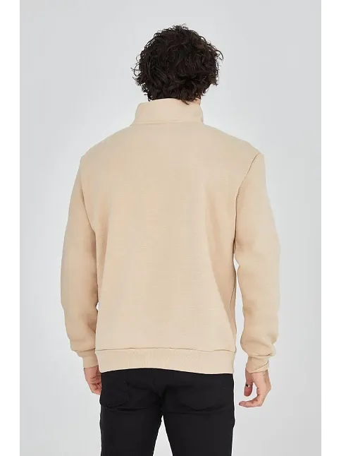 Erkek Yarım Fermuarlı Baskılı 3 İplik Pamuklu Sweatshirt - Bej