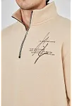 Erkek Yarım Fermuarlı Baskılı 3 İplik Pamuklu Sweatshirt - Bej