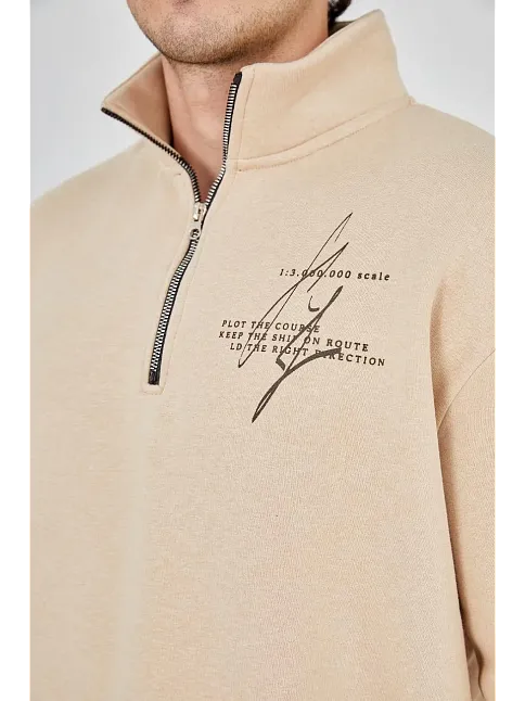 Erkek Yarım Fermuarlı Baskılı 3 İplik Pamuklu Sweatshirt - Bej