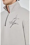 Erkek Yarım Fermuarlı Baskılı 3 İplik Pamuklu Sweatshirt - Boyalı Gri