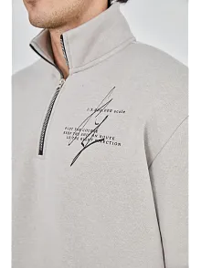 Erkek Yarım Fermuarlı Baskılı 3 İplik Pamuklu Sweatshirt - Boyalı Gri
