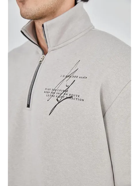 Erkek Yarım Fermuarlı Baskılı 3 İplik Pamuklu Sweatshirt - Boyalı Gri