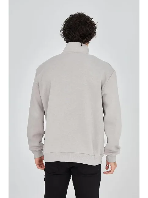 Erkek Yarım Fermuarlı Baskılı 3 İplik Pamuklu Sweatshirt - Boyalı Gri