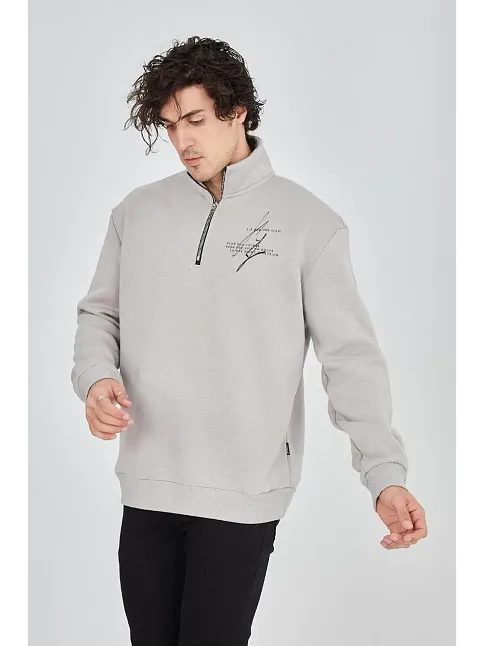 Erkek Yarım Fermuarlı Baskılı 3 İplik Pamuklu Sweatshirt - Boyalı Gri