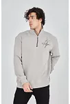 Erkek Yarım Fermuarlı Baskılı 3 İplik Pamuklu Sweatshirt - Boyalı Gri