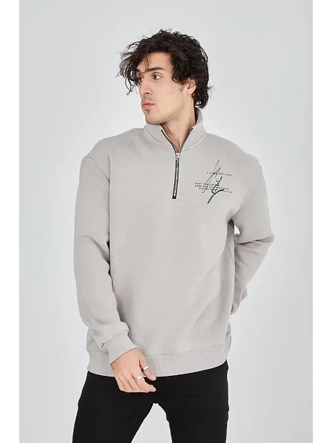 Erkek Yarım Fermuarlı Baskılı 3 İplik Pamuklu Sweatshirt - Boyalı Gri