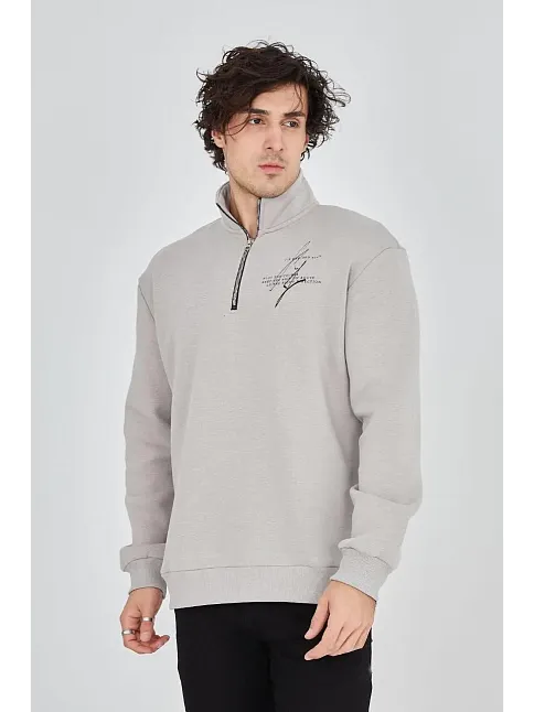 Erkek Yarım Fermuarlı Baskılı 3 İplik Pamuklu Sweatshirt - Boyalı Gri