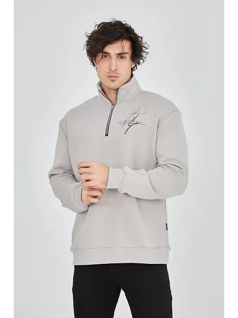 Erkek Yarım Fermuarlı Baskılı 3 İplik Pamuklu Sweatshirt - Boyalı Gri