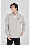 Erkek Yarım Fermuarlı Baskılı 3 İplik Pamuklu Sweatshirt - Boyalı Gri