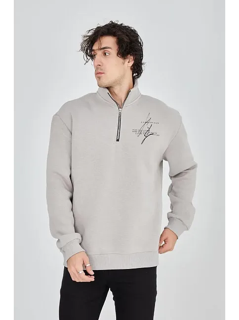 Erkek Yarım Fermuarlı Baskılı 3 İplik Pamuklu Sweatshirt - Boyalı Gri
