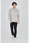Erkek Yarım Fermuarlı Baskılı 3 İplik Pamuklu Sweatshirt - Boyalı Gri