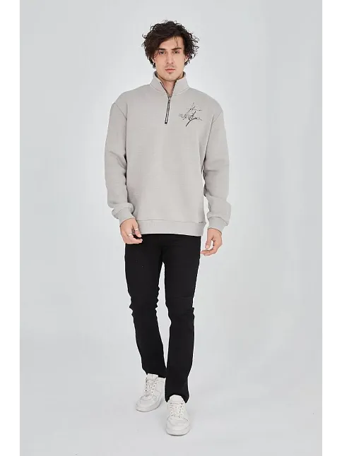 Erkek Yarım Fermuarlı Baskılı 3 İplik Pamuklu Sweatshirt - Boyalı Gri
