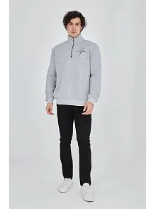 Erkek Yarım Fermuarlı Baskılı 3 İplik Pamuklu Sweatshirt - Gri