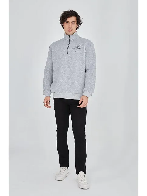 Erkek Yarım Fermuarlı Baskılı 3 İplik Pamuklu Sweatshirt - Gri