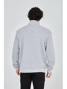 Erkek Yarım Fermuarlı Baskılı 3 İplik Pamuklu Sweatshirt - Gri