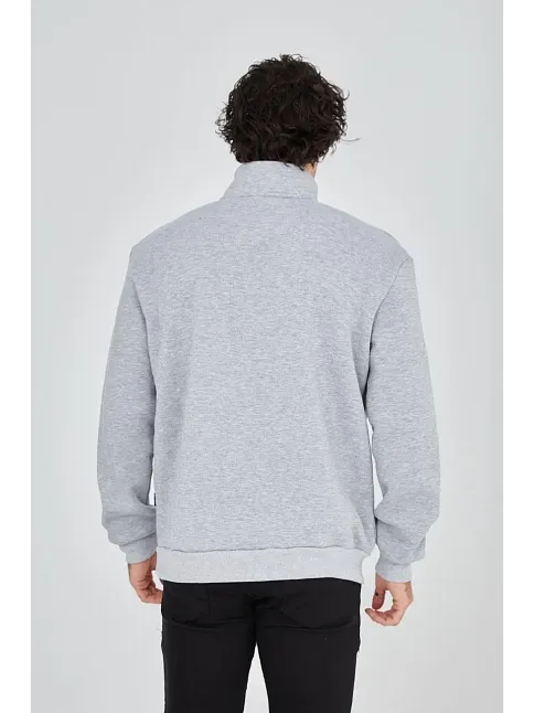 Erkek Yarım Fermuarlı Baskılı 3 İplik Pamuklu Sweatshirt - Gri