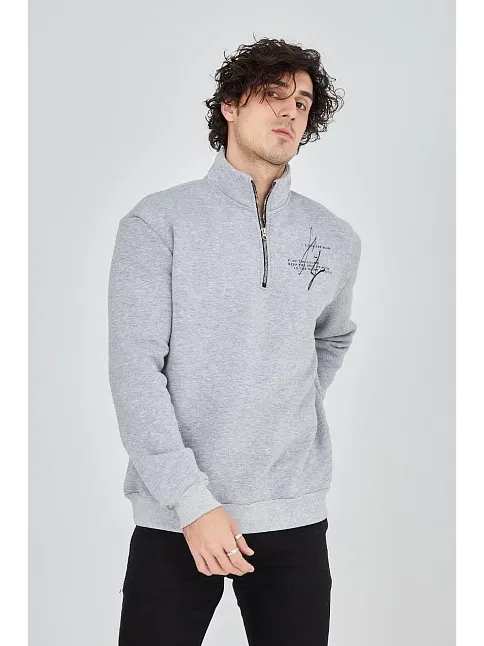 Erkek Yarım Fermuarlı Baskılı 3 İplik Pamuklu Sweatshirt - Gri