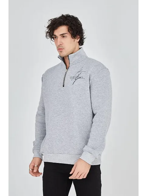 Erkek Yarım Fermuarlı Baskılı 3 İplik Pamuklu Sweatshirt - Gri