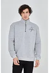Erkek Yarım Fermuarlı Baskılı 3 İplik Pamuklu Sweatshirt - Gri
