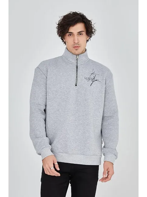 Erkek Yarım Fermuarlı Baskılı 3 İplik Pamuklu Sweatshirt - Gri