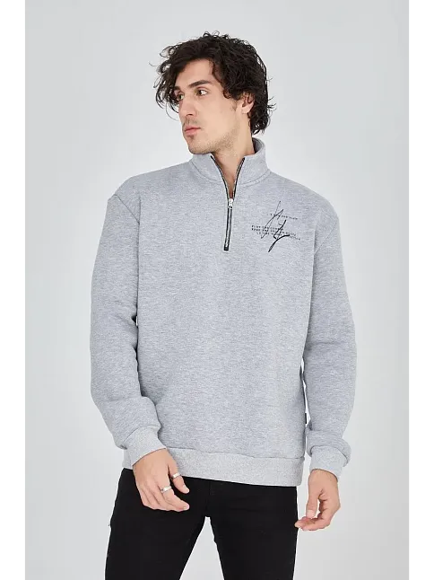 Erkek Yarım Fermuarlı Baskılı 3 İplik Pamuklu Sweatshirt - Gri