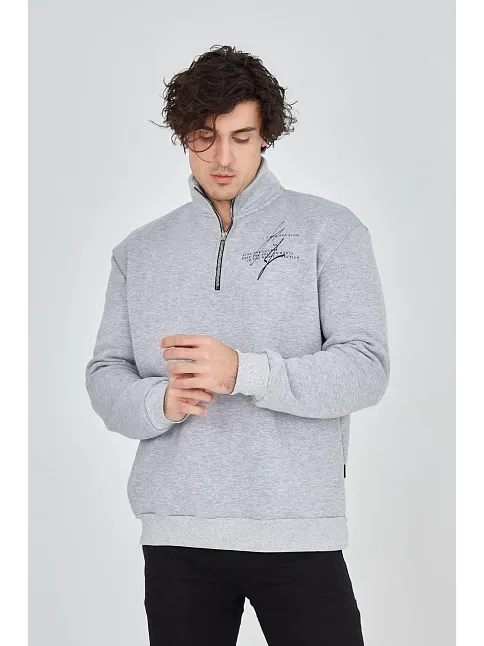 Erkek Yarım Fermuarlı Baskılı 3 İplik Pamuklu Sweatshirt - Gri