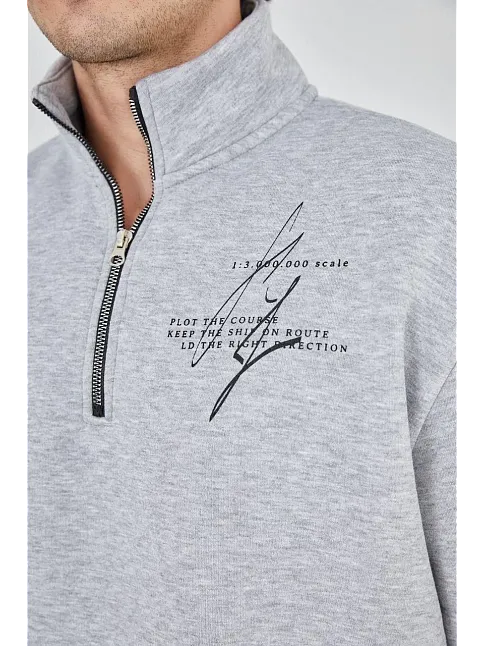 Erkek Yarım Fermuarlı Baskılı 3 İplik Pamuklu Sweatshirt - Gri