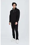Erkek Yarım Fermuarlı Baskılı 3  İplik Pamuklu Sweatshirt - Siyah