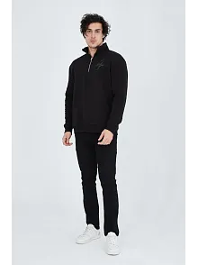 Erkek Yarım Fermuarlı Baskılı 3  İplik Pamuklu Sweatshirt - Siyah