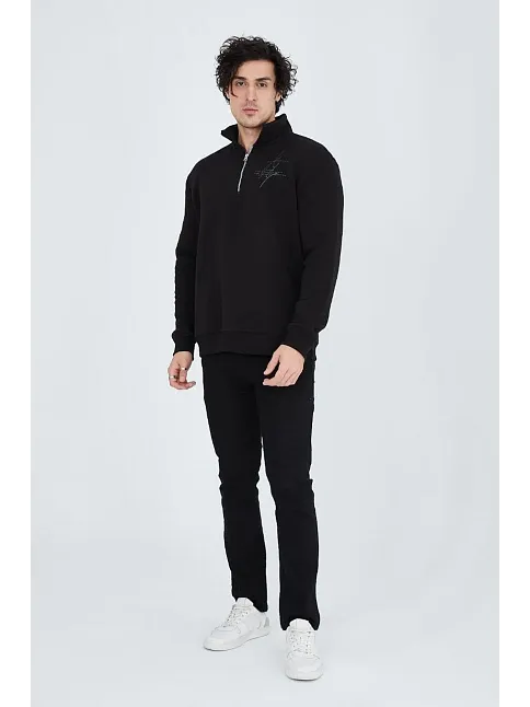 Erkek Yarım Fermuarlı Baskılı 3  İplik Pamuklu Sweatshirt - Siyah