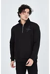 Erkek Yarım Fermuarlı Baskılı 3  İplik Pamuklu Sweatshirt - Siyah
